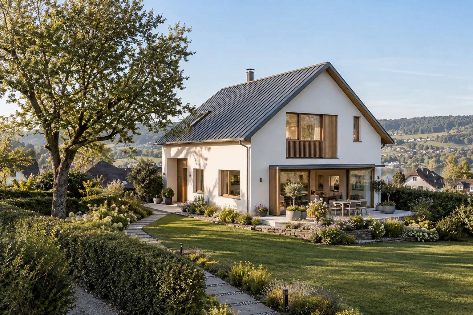 Illustratives Schweizer Einfamilienhaus mit einem sonnigen Garten